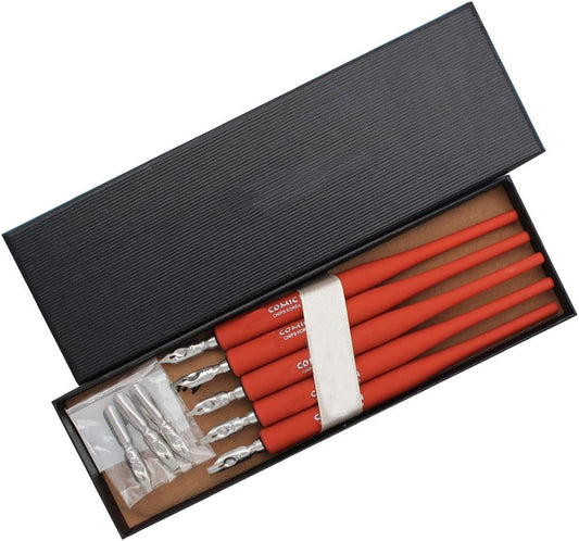 Plastic Professional Manga Gothic Pen Dip Pen Set with 5 Nibs Manga Calligraphy Drawing Pen Kit - 5 Pcs, Red