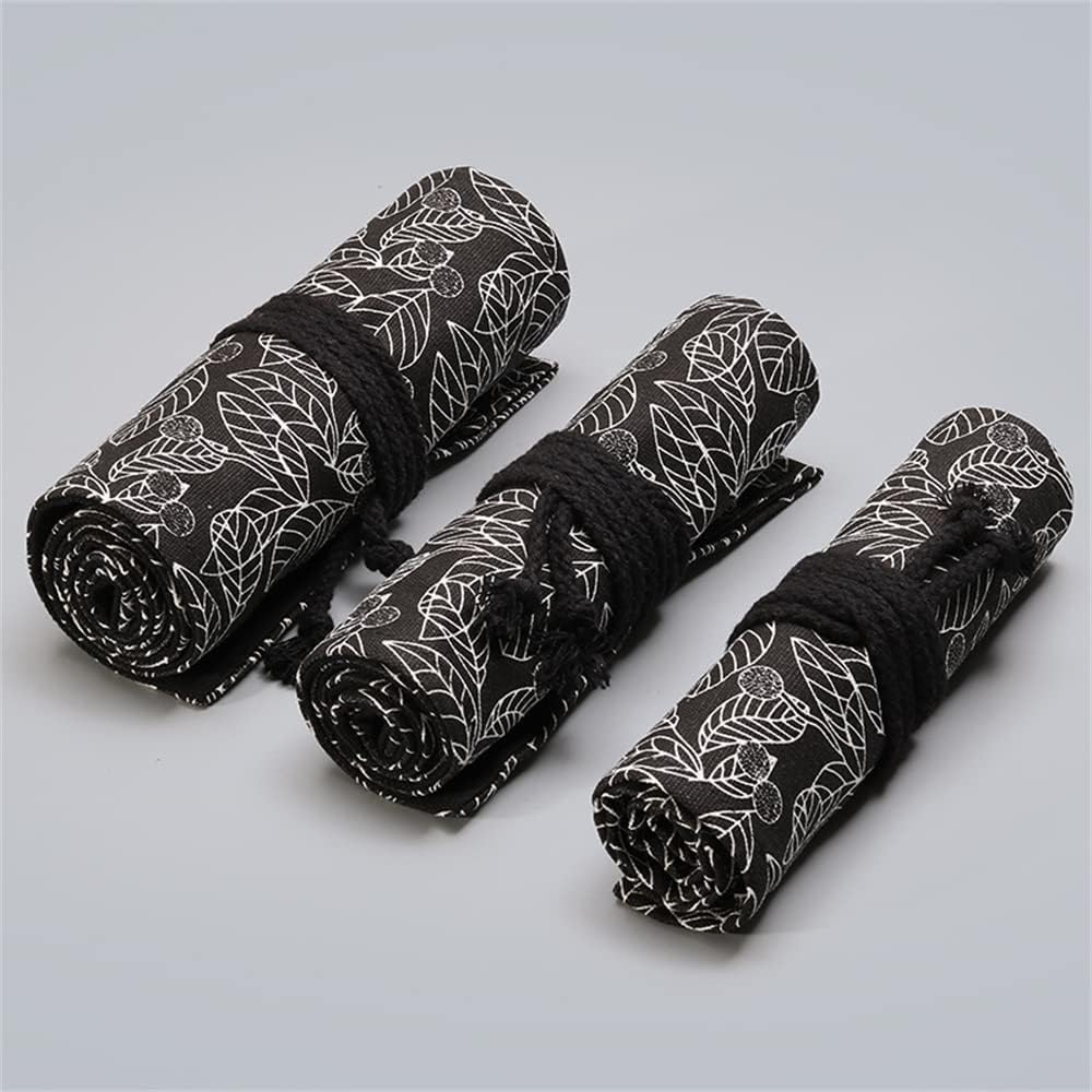 DIYOMR 24/36/72 Slots Pencil Wrap Pencil Rolls, Artist Colored Pencils Roll Up Bag Short Brushes Pouch Case Pencils Organizer for Drawing Coloring and Sketching (Black Leaves, 36slots)