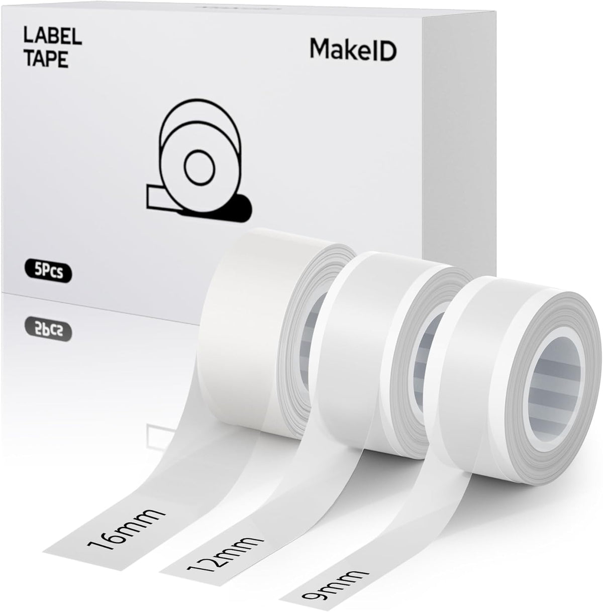 MakeID E1 Q1 Label Maker Tape Refills, 3-Roll 9/12/16mm Continuous Consumables Thermal Laminated Office Labeling Tape Replacement