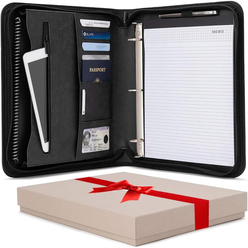 Padfolio Binder - Professional Faux Leather Travel Organizer Pouch for Tablet, Documents, Presentation Folders, Zipper Closure, Removable 3-Ring Notepad - Black