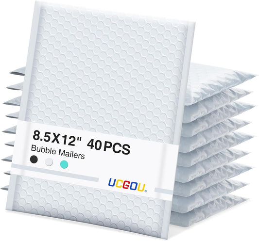 UCGOU Bubble Mailers 8.5x12 Inch 40 Pack Usable Size 8.5x11 Inch White Padded Envelopes Medium Waterproof Packaging Bags for Shipping Self Seal Strong Adhesive Envelopes for Jewelry Makeup Supplies