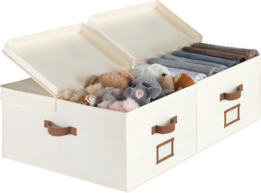 StorageWorks Extra Large Storage Bins with Double-Open Lid, 55L Fabric Baskets with Divider Board, Boxes for Clothes, Linen Closet Organizers with Handles, Ivory White, 2-Pack