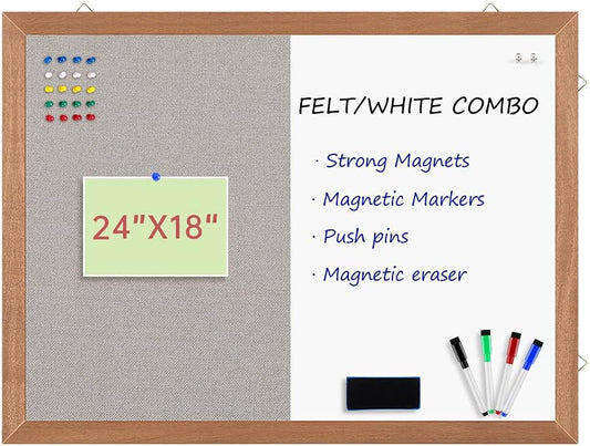 Grey Felt Bulletin/Dry Erase White Combo Board, 24" X 18“ Combination Whiteboard/Bulletin Board, Pin Board with Natural Wood Frame…