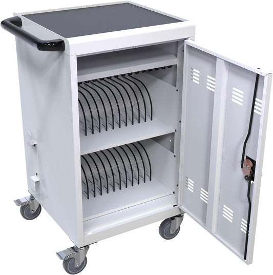 30-Device Mobile Charging Cart and Cabinet, Laptop Storage, Lockable Charging Station - Up to 16.3" Screen, White