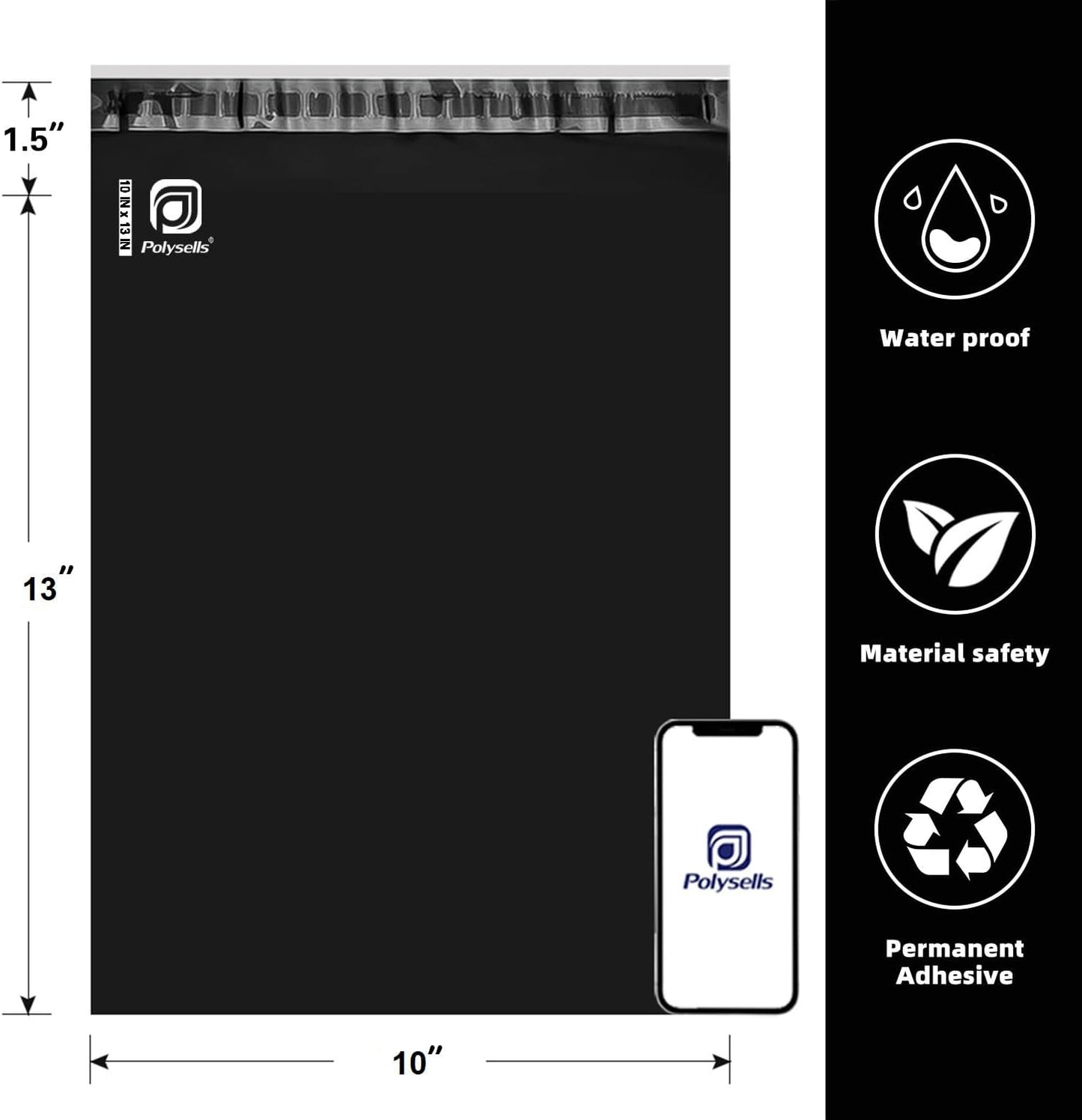 POLYSELLS 2000 pcs 10x13 Inches Black Poly Mailers Shipping Envelopes, Strong Adhesive Sealing, Waterproof, and Tear-resistant Postal Mailing Bags for Clothing, Books, and Accessories