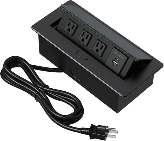 KYHSHJ Connection Box Desktop Pop Up Outlet with 3 * 15A Receptacle，2.1A 1 USB-A Ports &1 USB-C Port，Corrosive Resistant Hardware,Black