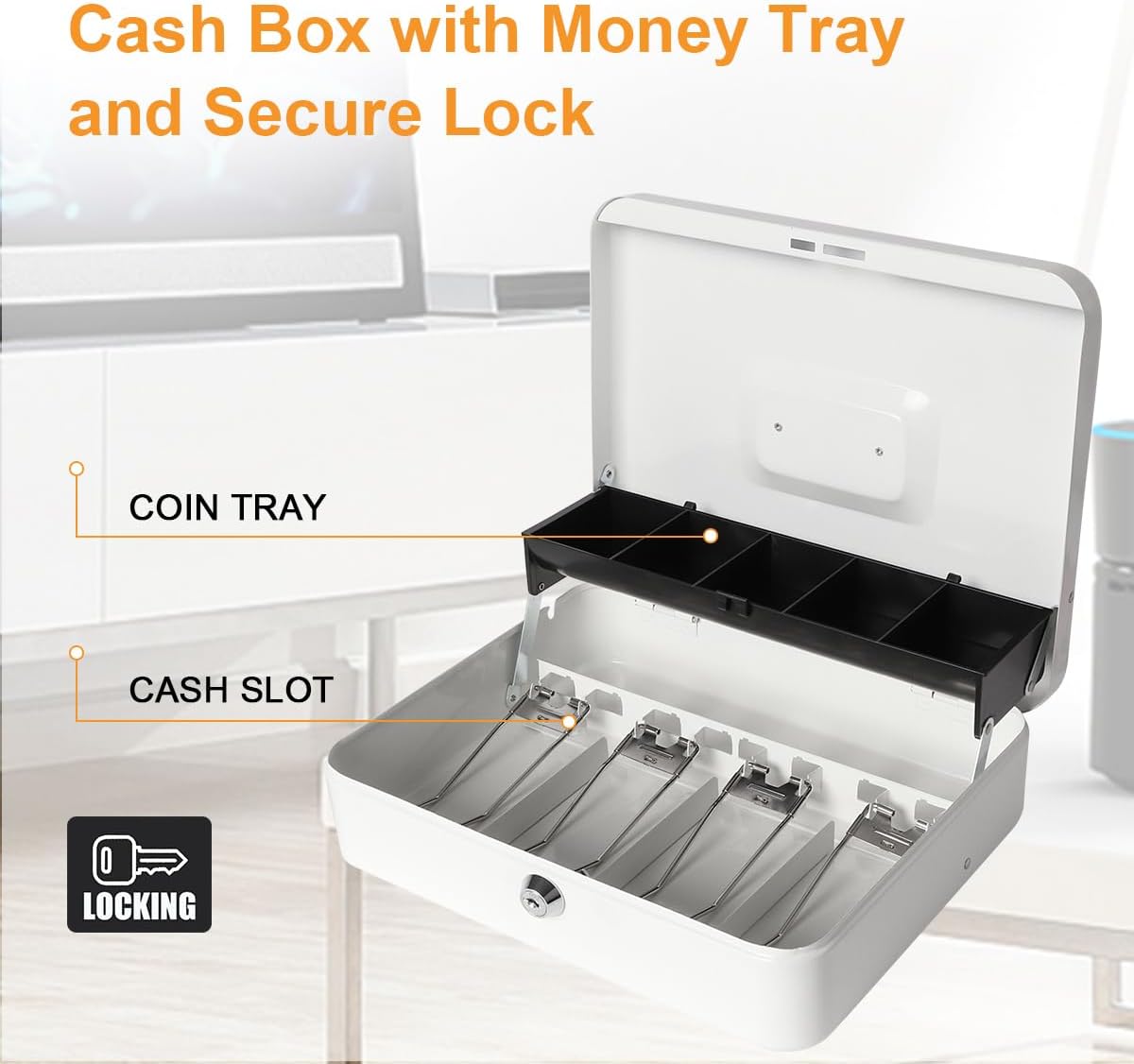 Jssmst Large Locking Cash Box with Money Tray, Lock Box with Security Cable Metal Money Box with Key Lock, White