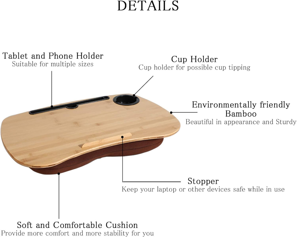 SUMISKY Lap Desk-Portable Laptop Table with Cushion Bamboo Platform Phone Holder L(21.6"x13.8") with Cup Holder