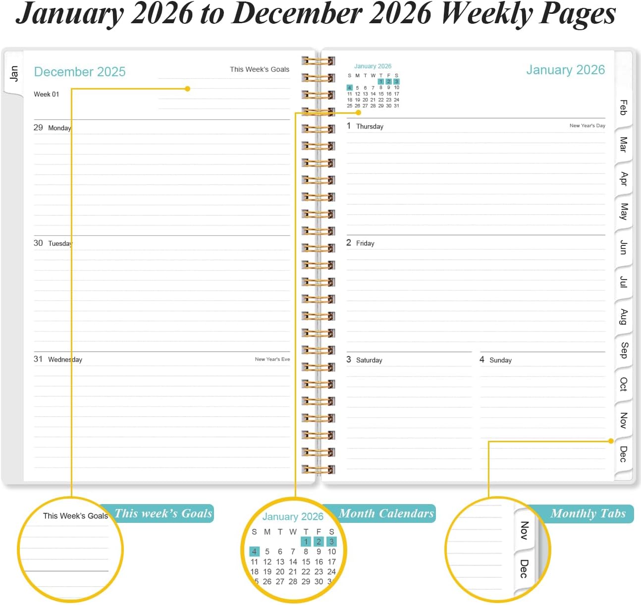 2026 Planner - Planner 2026 from January 2026 - December 2026, Weekly & Monthly Planner Spiral Bound with 12 Monthly Tabs, Inner Pocket, 6.4" x 8.5", Snowman