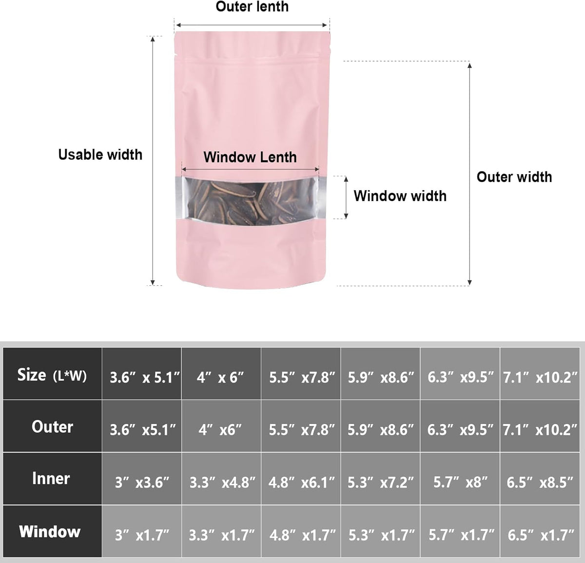 6.3"x9.5" 120pcs Mylar Bags for Food Storage,Smell Proof Bag with Matte Window Resealable Food Storage Bags for Small Business, Stand-up Foil Pouch Packaging Freeze Dried Candy Bag(Pink)