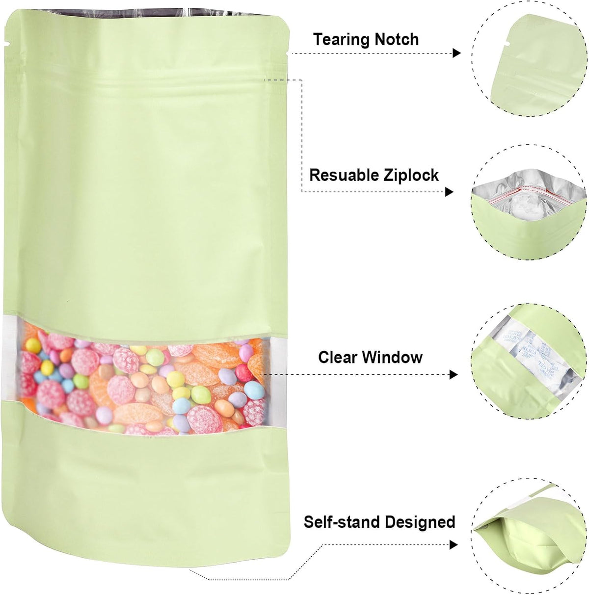 5.9"x8.6" 120pcs Mylar Bags for Food Storage,Smell Proof Bag with Matte Window Resealable Food Storage Bags for Small Business, Stand-up Foil Pouch Packaging Freeze Dried Candy Bag(Beige)