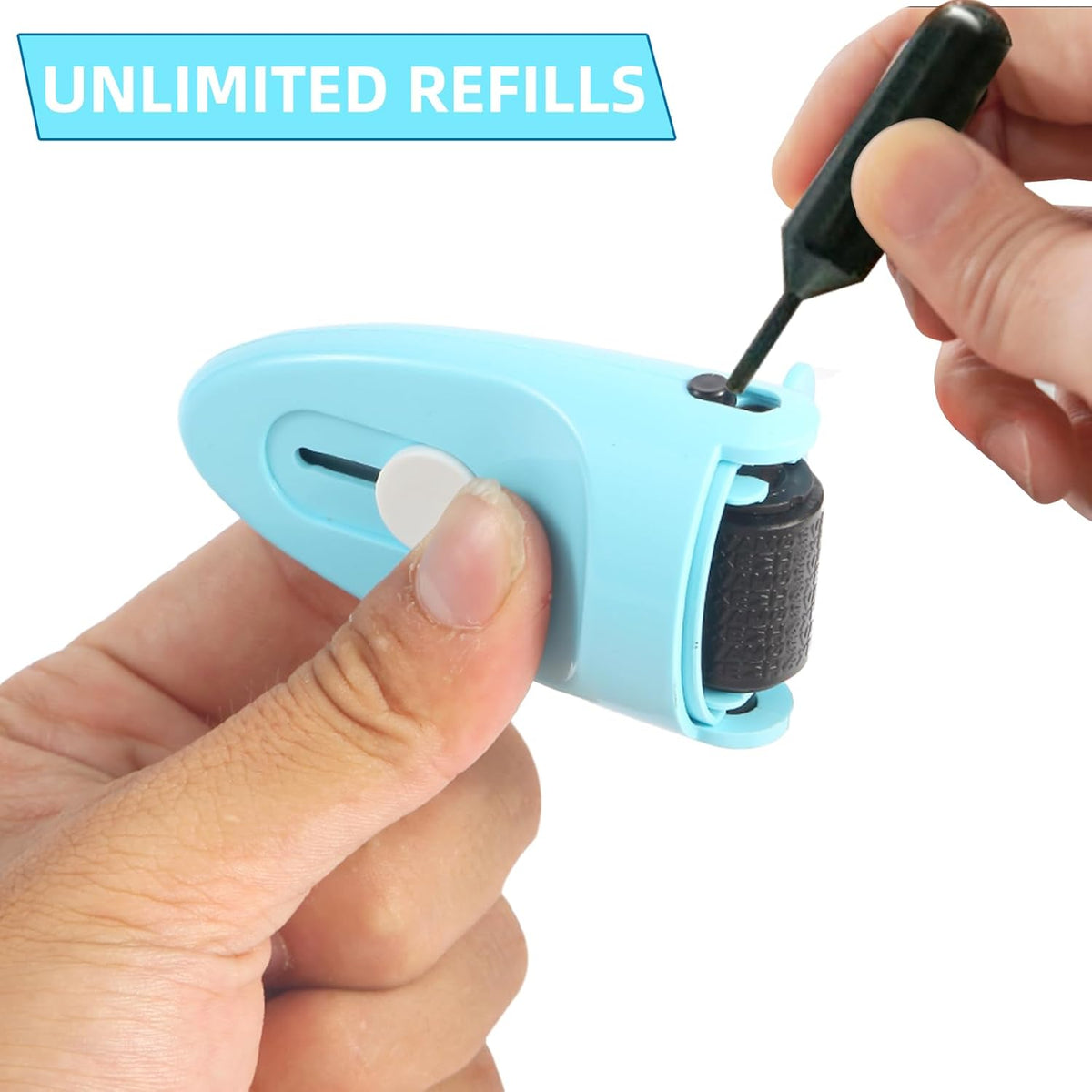 Wide Identity Theft Protection Roller Security Stamp 2Packs - Guard Your ID Well, Built-in Cutter & Unique Flip Cover, Compact Privacy Safety Tool for Document, Mail, etc. (BU/PU)