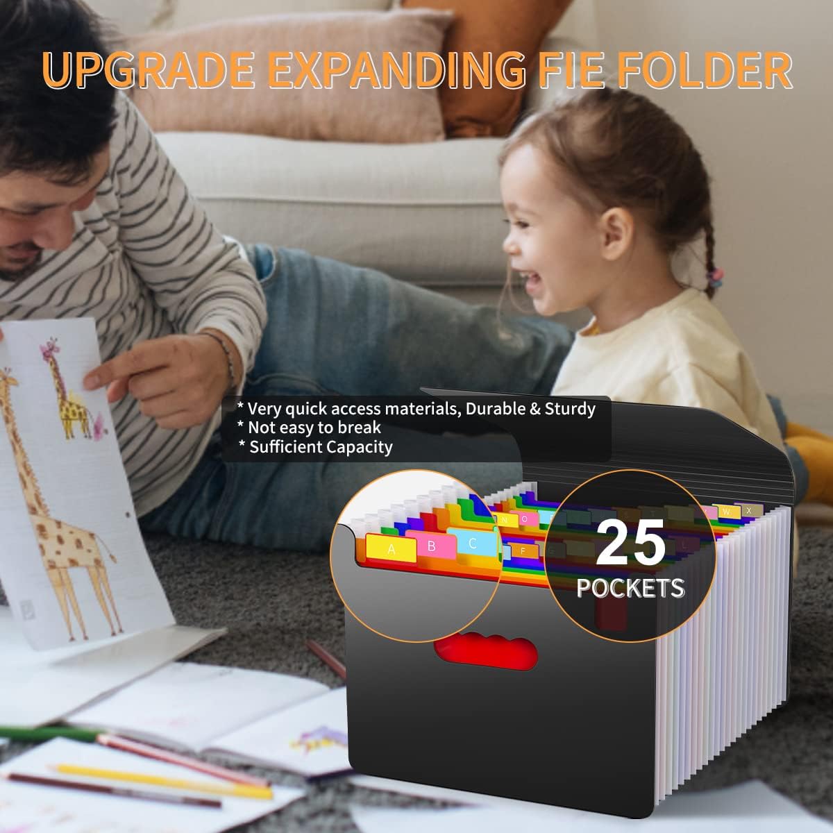 25 Pockets Accordion File Organizer with Handle, Expanding File Folders,Important Papers Document Organizer,Expandable,Durable,Perfect Portable Filing Box for Office,Home,A4/Letter Size,a-z Tab