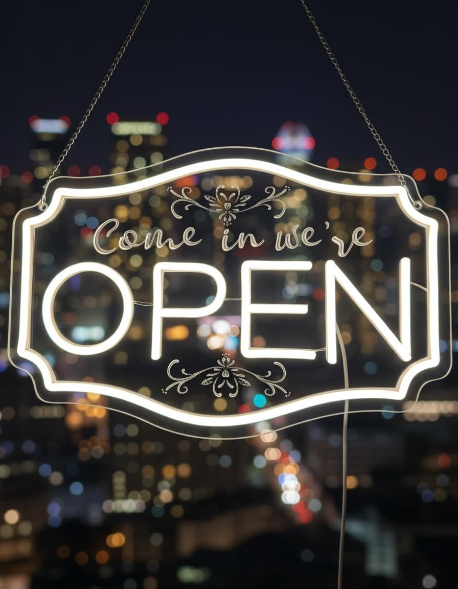 Neon Open Sign for Business， LED Adjustable Brightness Light Up Sign for Bar Slaon Stores Cafes Restaurant Hotel Storefront Window We are Open Signs