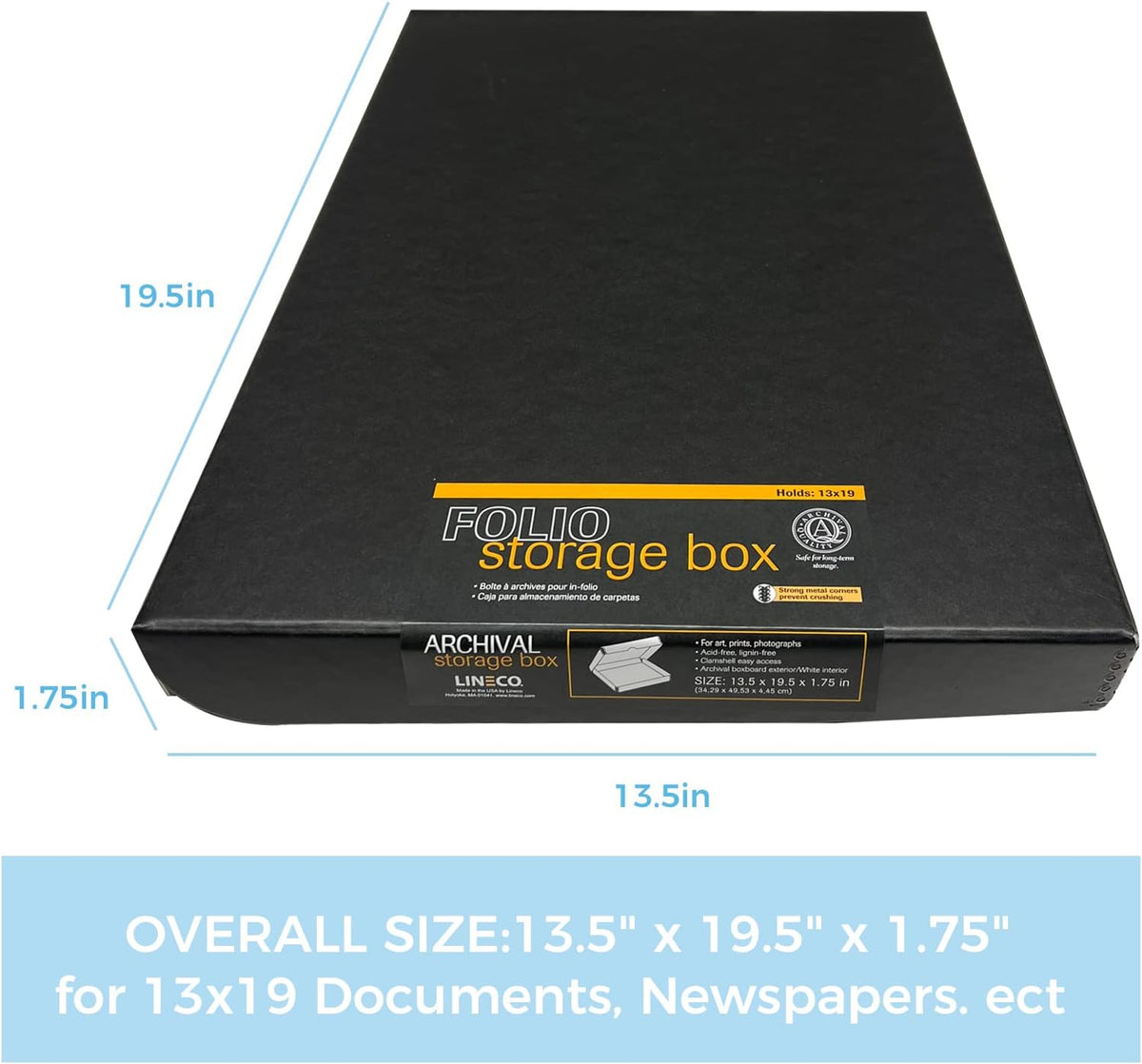 Lineco Folio Storage Box, Clamshell Design with Metal Edge. 13.5x19.5x1.75 Inches, Archival Boxboard, Preserve Photos, Cards, Magazines, Documents, Art, Ephemera, Family Records, Black, Pack of 2