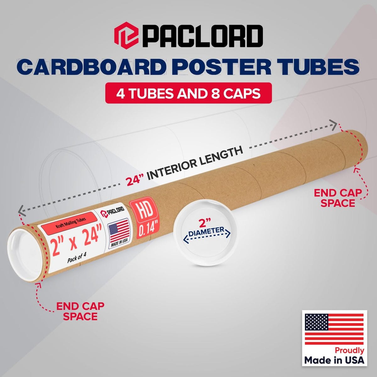 2" x 24" Heavy-Duty Reinforced Cardboard Mailing Tube, Pack of 4 Tubes with 8 Caps – Secure USPS Approved – Great for Shipping and Storing of Prints, Artwork, Posters or Documents