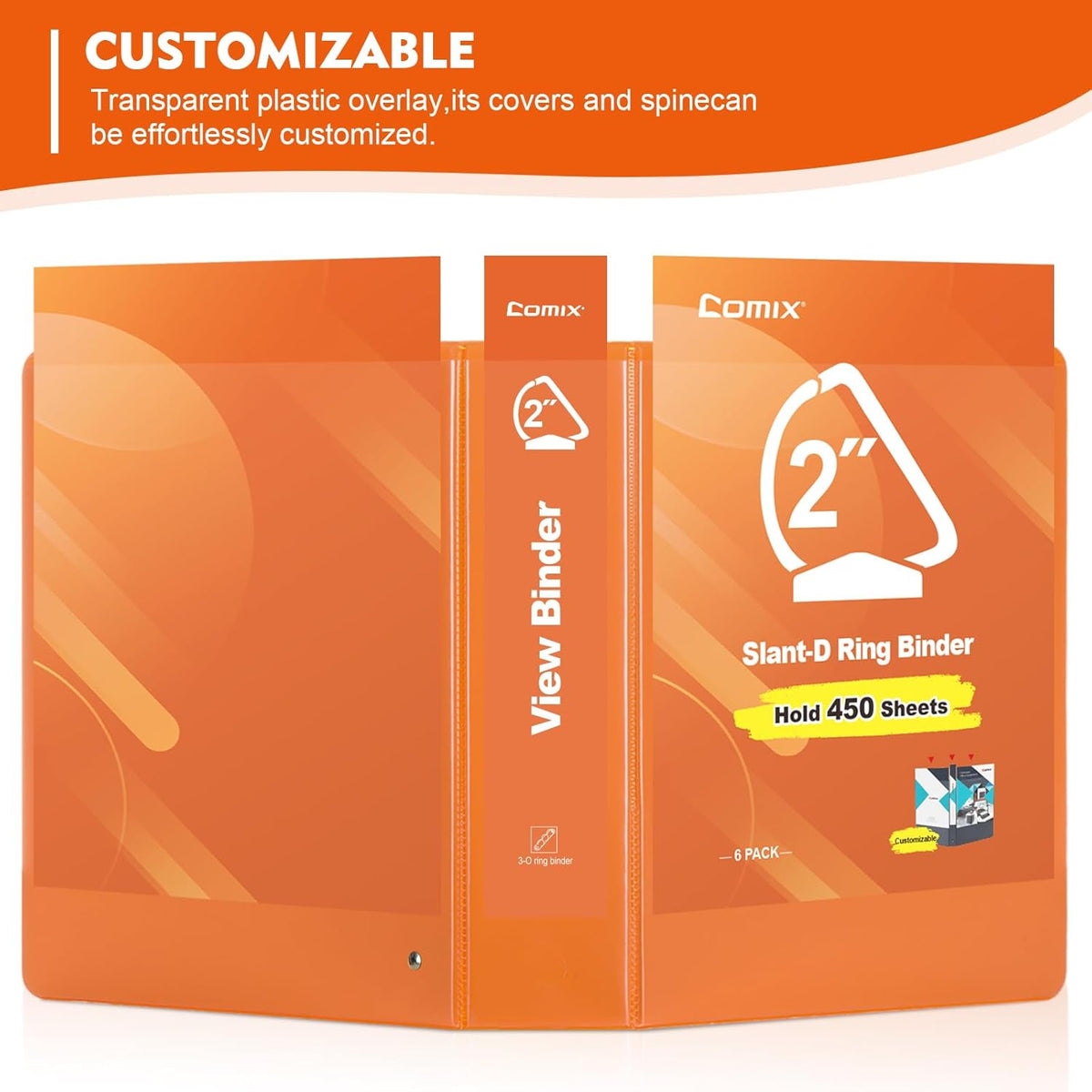 COMIX Sturdy 3 Ring Binder 2 inch with Clear View Cover, 2" Slant-D Ring View Binder Holds 500 Sheets of US Letter Size Paper, 6 Pack (Orange)