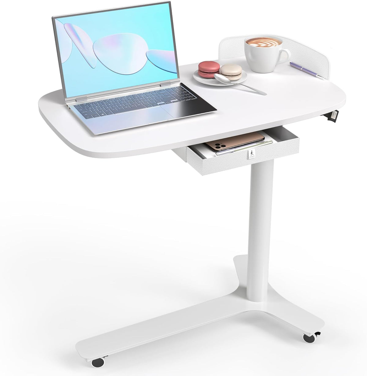 Rolling Desk Adjustable Height with Drawer and Wheels, Portable Small Standing Desk Pneumatic for Home Office, Mobile Computer Laptop Cart, Medical Sofa Overbed Table, White
