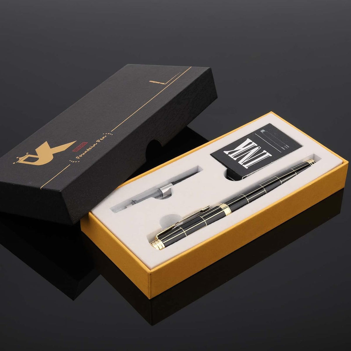 Tiankool Luxury Fountain Pen,Fine Nib, Exquisite Pen Gift Set for Men&Women-Includes 10 Ink Cartridges&Ink Converter- Nice Pens - Black - Gold Plaid