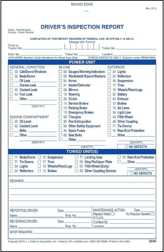 Detailed Driver's Vehicle Inspection Report 4-pk. - Book Format with 31 Sets, 2-Ply Carbonless, Blue Ink, 5.5" x 8.5", Meet FMCSR Requirements, J. J. Keller & Associates, Inc.