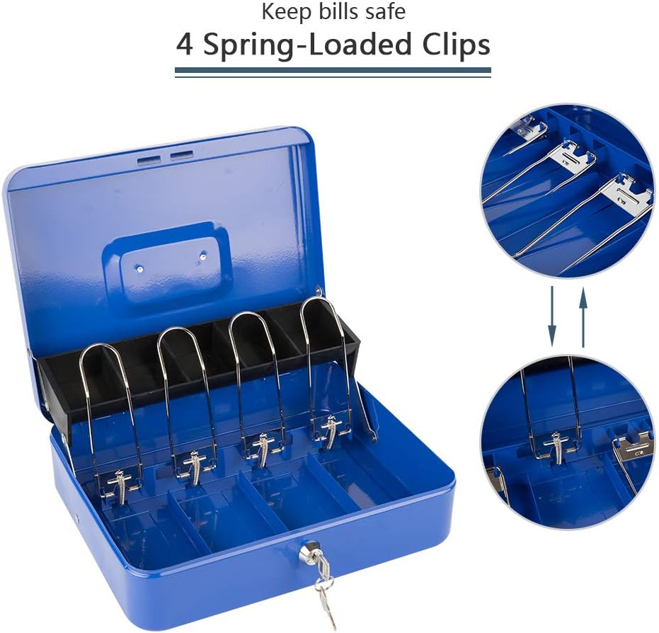 KYODOLED Locking Cash Box with Lock,Money Box with Cash Tray,Lock Safe Box with Key,Money Saving Organizer,11.81Lx 9.45Wx 3.54H Inches,Blue XL Large