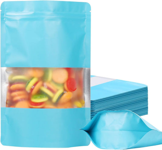 100 Pack Smell Proof Bags, Resealable Mylar Bags with Matte Window, Foil Pouch Stand-up Bags for Food Self Sealing Storage, Scratch Resistant Hand Storage Bags.(Blue, 5.9×8.6 Inch)