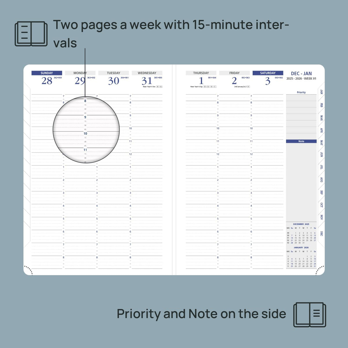 POPRUN 2026 Weekly Planner (A4 Size-8.25'' x 11.75''), 15-Minute Appointment Book (Jan 2026-Dec 2026) with Monthly Tabs, Inner Pockets, Pen Holder, PU Leather Softcover, 100GSM - Dark Green