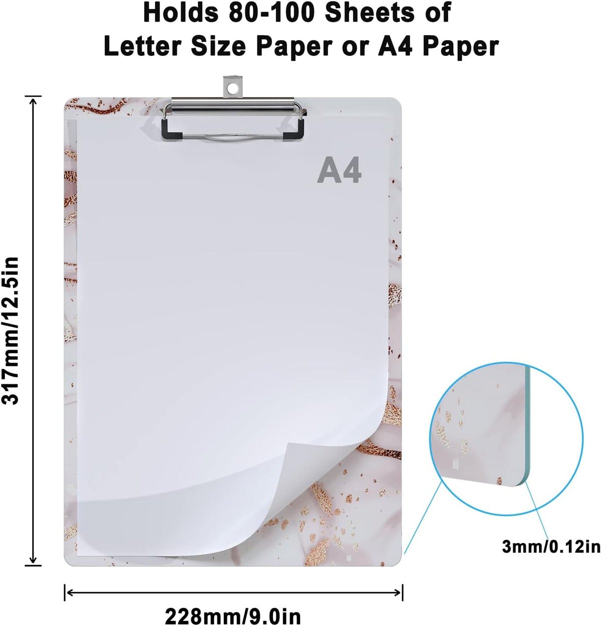 Cute Clipboard Wood Design Decorative A4 Letter Size Clip Boards for Classroom Office, Standard Size 9" x 12.5" with Low Profile Metal Clip - Pink Fluid