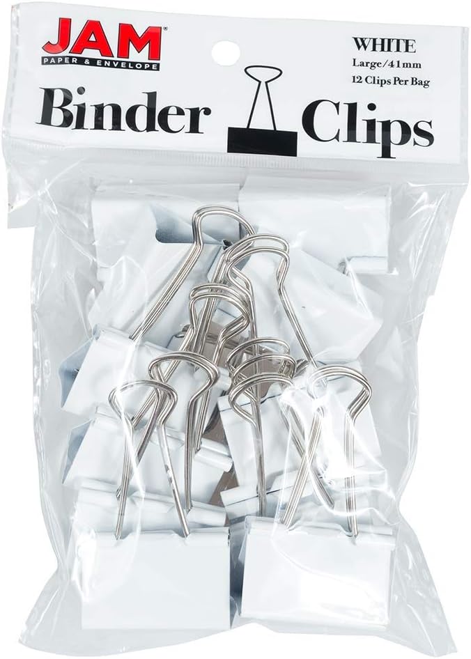 JAM PAPER Colorful Binder Clips - Large - 1 1/2 Inch (41 mm) - White Binderclips - 12/Pack