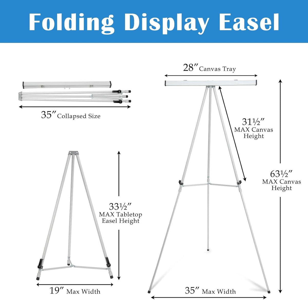 Falling in Art Aluminum Flip Chart Display Easel Stand with Adjustable Floor for Boardroom, Whiteboard, Paper Pads, Signage, 63 1/2'' High, Silver