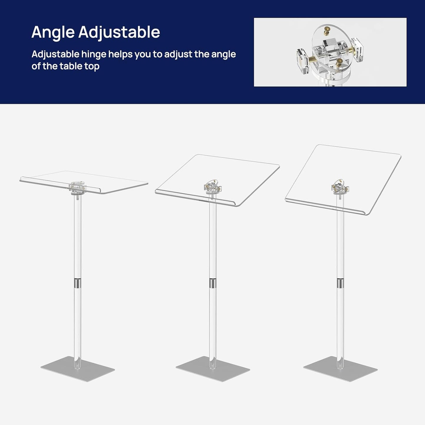HMYHUM Acrylic Podium Stand, Angle Adjustable, Modern Lecterns & Pulpits for Classroom, Concert, Church, Speech, Easy Assembly, Metal Base, 23.6" L x 15.7" W x 42.3" H, Clear