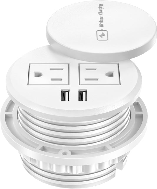3 Inch Desk Hole Recessed Power Grommet with 15W Wireless Charger Cover, 2 USB-A Countertop Grommet Mount Power Outlet, with AC Outlets and 6ft Extension Cord