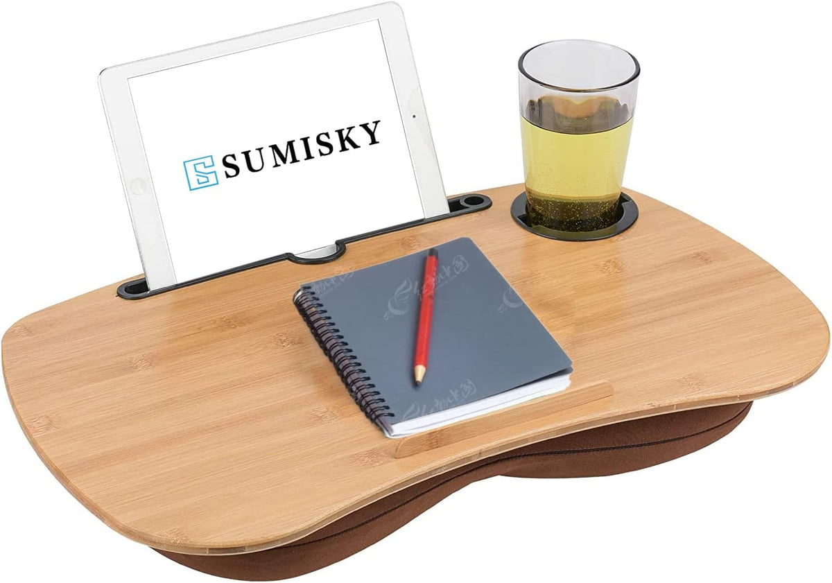 SUMISKY Lap Desk-Portable Laptop Table with Cushion Bamboo Platform Phone Holder L(21.6"x13.8") with Cup Holder