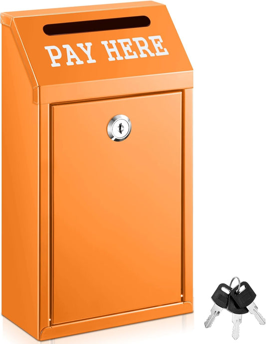 Safe Cash Box Money Collection Metal Donation Box with Lock Wall Mount Pre Drilled Mailbox Delivery Ballot for Home Office Outdoor Self Serve Stand(Orange,10.2 x 5.7 x 2.8 Inch)