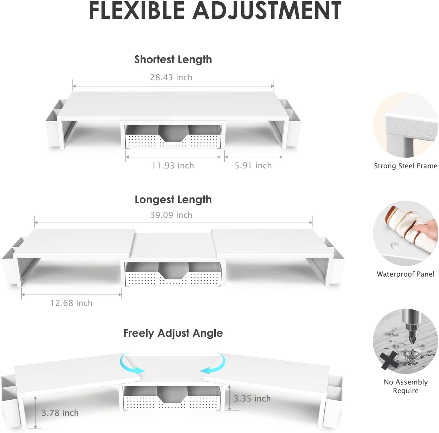 White Dual Monitor Stand Riser, Metal Desk Organizers and Accessories with Drawer and 2 Pen Holders, Computer Monitor Stand for Desk