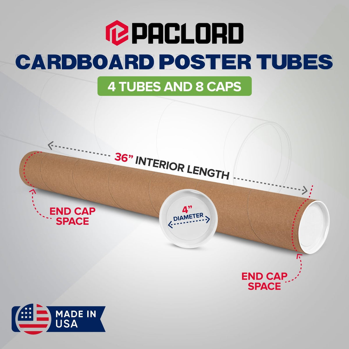4" x 36" Reinforced Kraft Paper Mailing Tubes, Pack of 4 Tubes with 2 Caps Each – USPS Approved Poster Tube – Made in USA Cardboard Tube for Shipping and Storing Posters, Prints, Artwork, or Documents