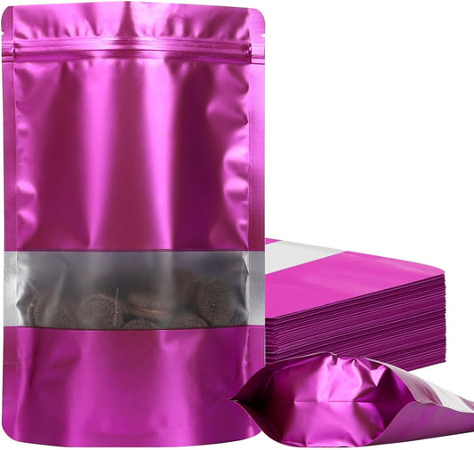 100 Pack Smell Proof Bags, Resealable Mylar Bags with Matte Window, Foil Pouch Stand-up Bags for Food Self Sealing Storage, Scratch Resistant Hand Storage Bags. (Purple, 5.9×8.6 Inch)