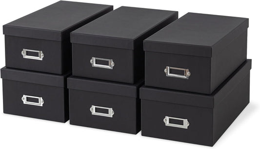 Soul & Lane Black Storage Boxes - Set of 6 (3 Large, 3 Medium), Keepsake Memory Storage Boxes with Lids, Cardboard Organizers with Label Holders for Photos, Crafts, Collectibles