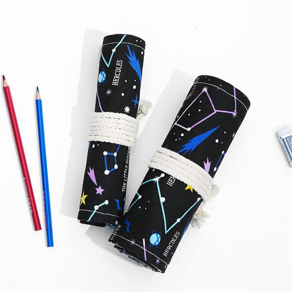 DIYOMR 24/36/72 Slots Pencil Wrap Pencil Rolls, Artist Colored Pencils Roll Up Bag Short Brushes Pouch Case Pencils Organizer for Drawing Coloring and Sketching (Constellation, 24slots)