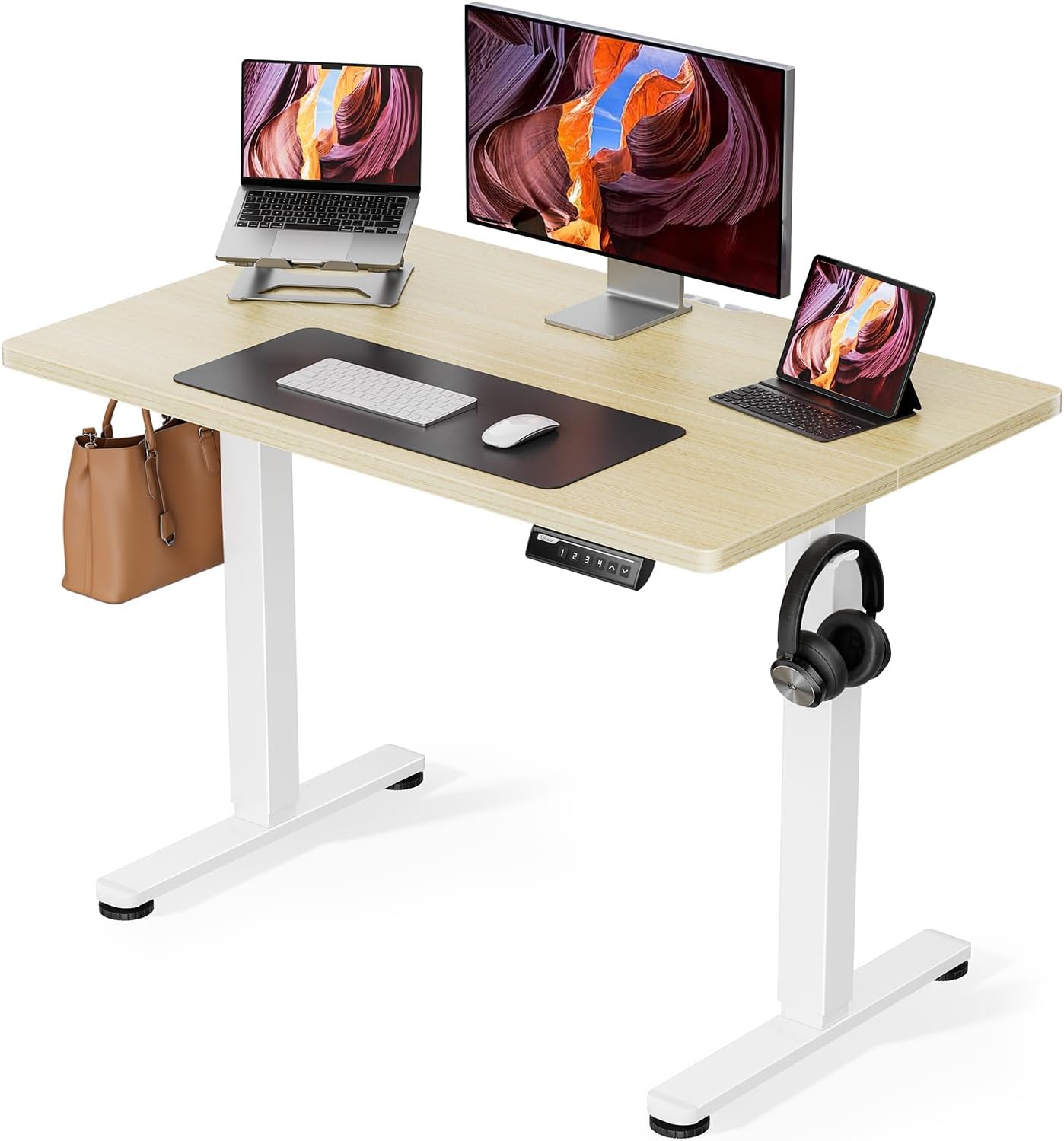 ErGear Height Adjustable Electric Standing Desk, 40 x 24 Inches Sit Stand up Desk, Small Memory Computer Home Office Desk with Two-Piece Desktop (Natural)