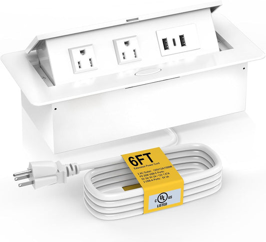 UL Listed Recessed Power Strip, Pop Up Power Cover Box Desktop Socket with USB C Charging Ports, Stainless Steel Receptacle Outlet for Conference Room Countertop (White-USB C)