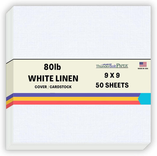 50 Bright White Linen 80# Cover Paper Sheets - 9 X 9 Inches Scrapbook Album Cover Square Size - 80 lb/pound Card Weight - Fine Linen Textured Finish - Quality Cardstock