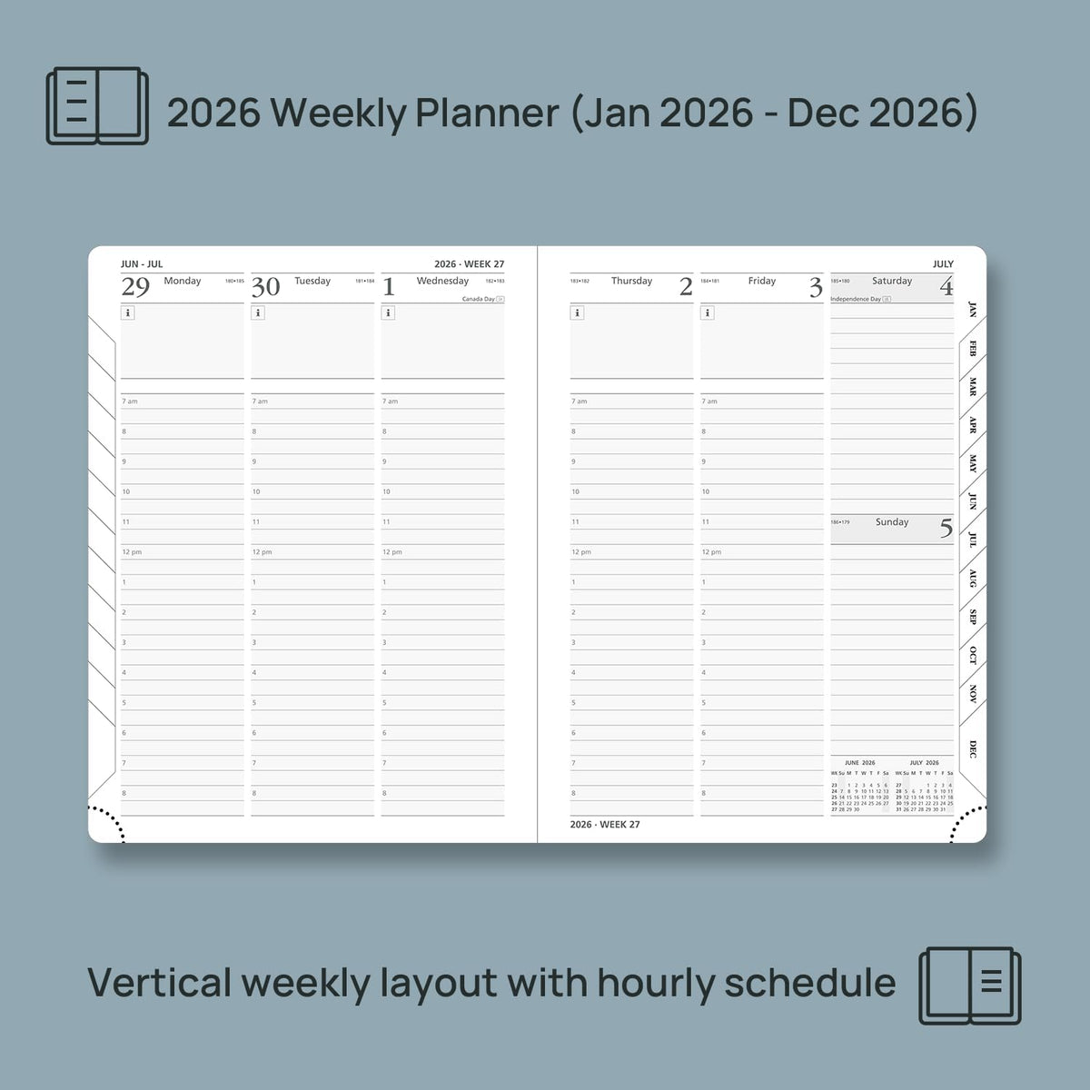 POPRUN 2026 Planner (Medium Size 8.5''x 6.5'' Hardcover) - Daily Weekly and Monthly Calendar Agenda 2026 Appointment Book with Hourly Time Slots, Monthly Tabs, 100 GSM - Haze Blue
