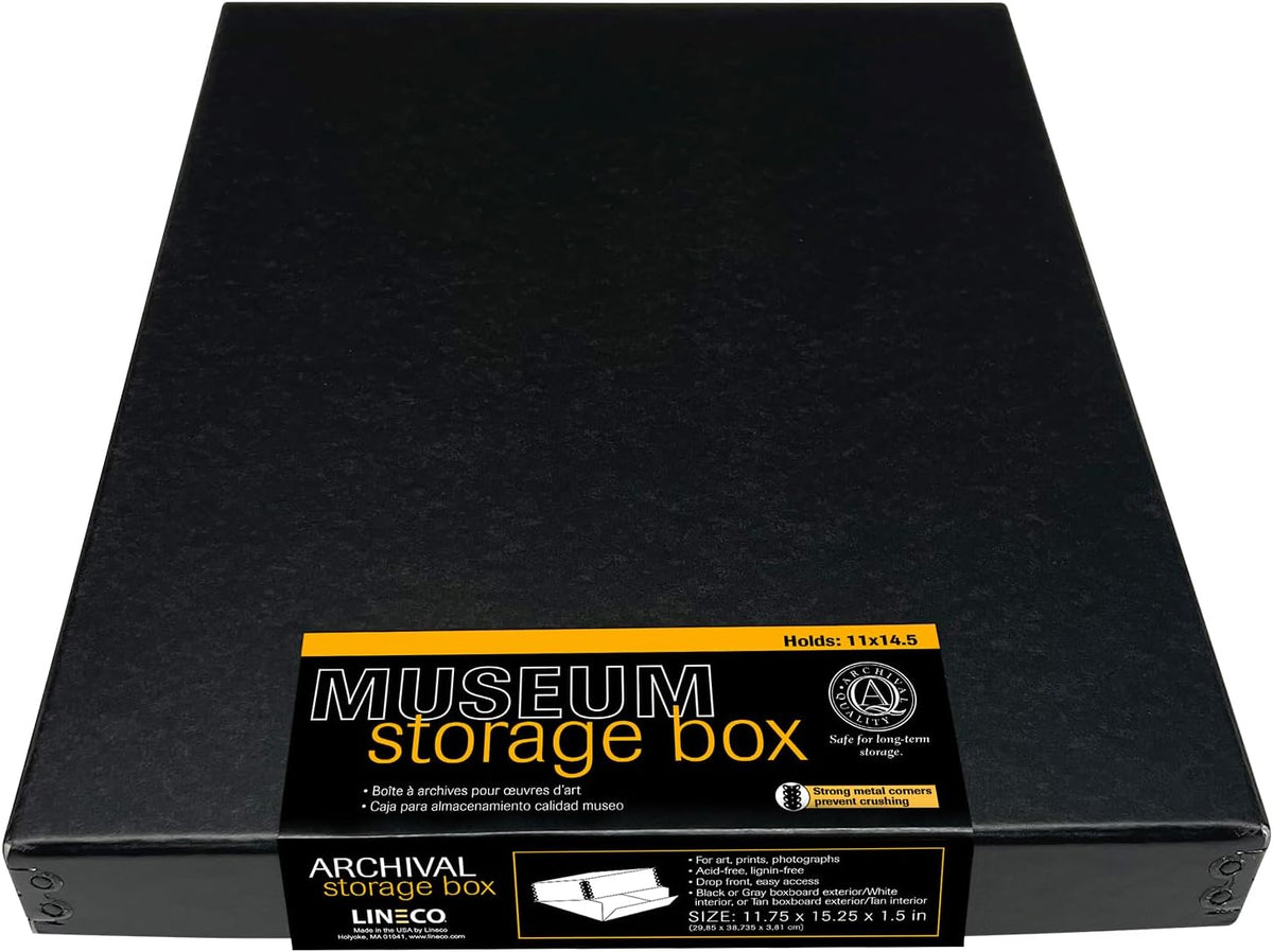 Lineco Museum Archival Storage Box, 11.75x15.25x1.5 in. Drop Front Design. Acid-Free with Metal Edge. Organize Photos, Pictures, Prints, Documents, Crafts, DIY. Black, 1 Pack