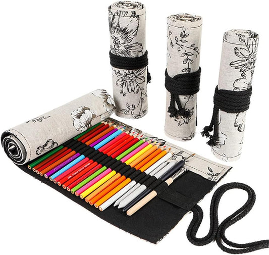 DIYOMR 24/36/72 Slots Pencil Wrap Pencil Rolls, Artist Colored Pencils Roll Up Bag Short Brushes Pouch Case Pencils Organizer for Drawing Coloring and Sketching (Peony Flower, 72slots)