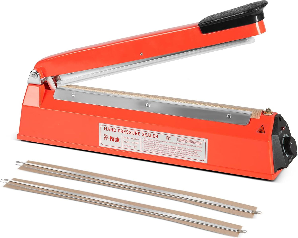 Impulse Heat Sealer with Seal bar, Heavy-Duty Bag Sealing & Cutting Machine, 2 Extra Replacements (red, 12inch)