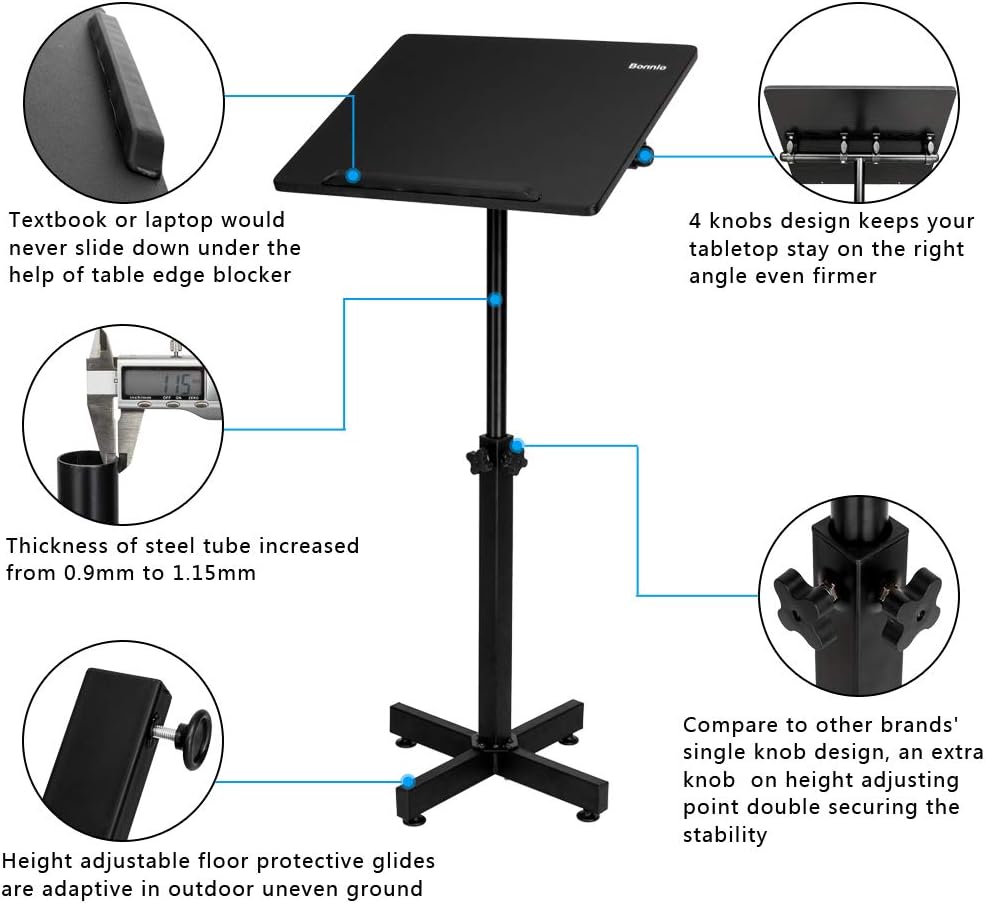 Bonnlo Classic Lectern Podium Stand, Height Adjustable Mobile Podium, Multi-Purpose Tabletop for Speech, Lecture, Church, Reading or Laptop Desk with Edge Stopper, Black