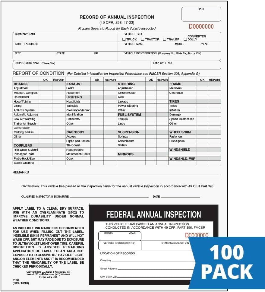 J. J. Keller 100-Pack, Record of Annual Inspection Form with Inspection Decal, 2-Ply Carbonless Form, DOT Compliant