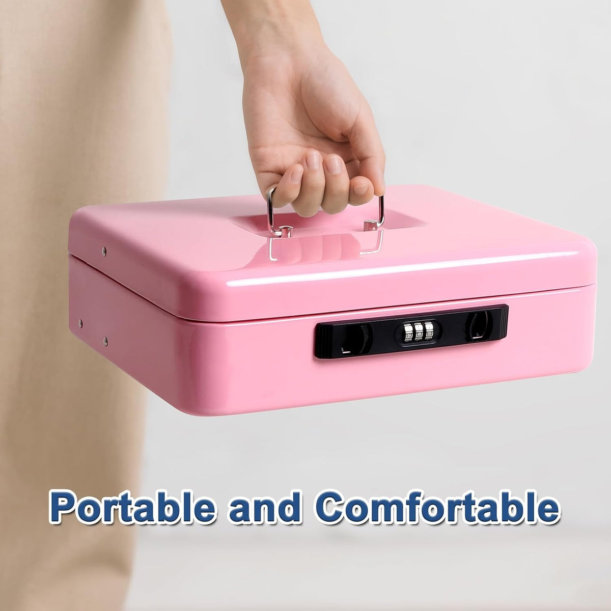 Jssmst Locking Cash Box with Coin Lid, 11.8L x 9.5W x 3.5H Inches, Latch Safe Money Box with Combination Lock, Pink