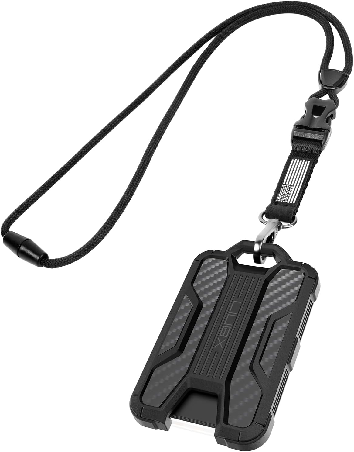 LIUGX Badge Holder with Heavy Duty Breakaway Lanyard, Carbon Fiber-Texture, Durable ID Card Holder (Holds 6 Cards) with Quick Release Detachable Buckle, Metal Clip, American Flag